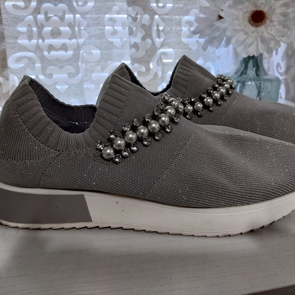 Anne Klein Gray Slip-On Sneakers with Pearl Accents